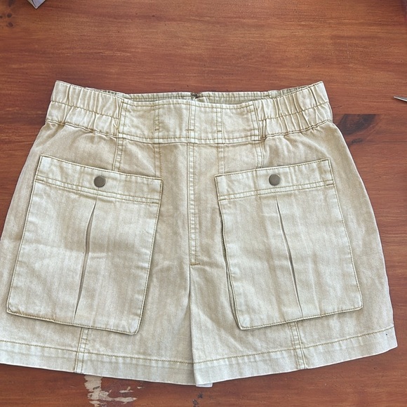 Free People Denim Wash Cargo mini skirt SZ 6 Khaki Yellow Bohemian pockets - Picture 2 of 14